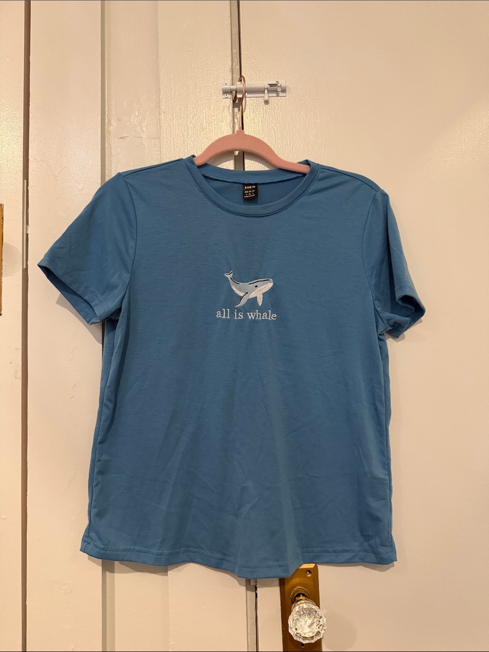 SHEIN Blue Short Sleeve Tee with Whale Embroidery